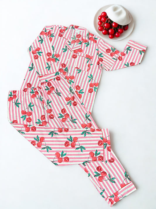 Red Blossom Print 100% Cotton Night Suit